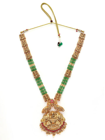KARATCART Traditional Gold Plated Green Crystal Laxmi Mata Rani Haar Temple Jewellery Set