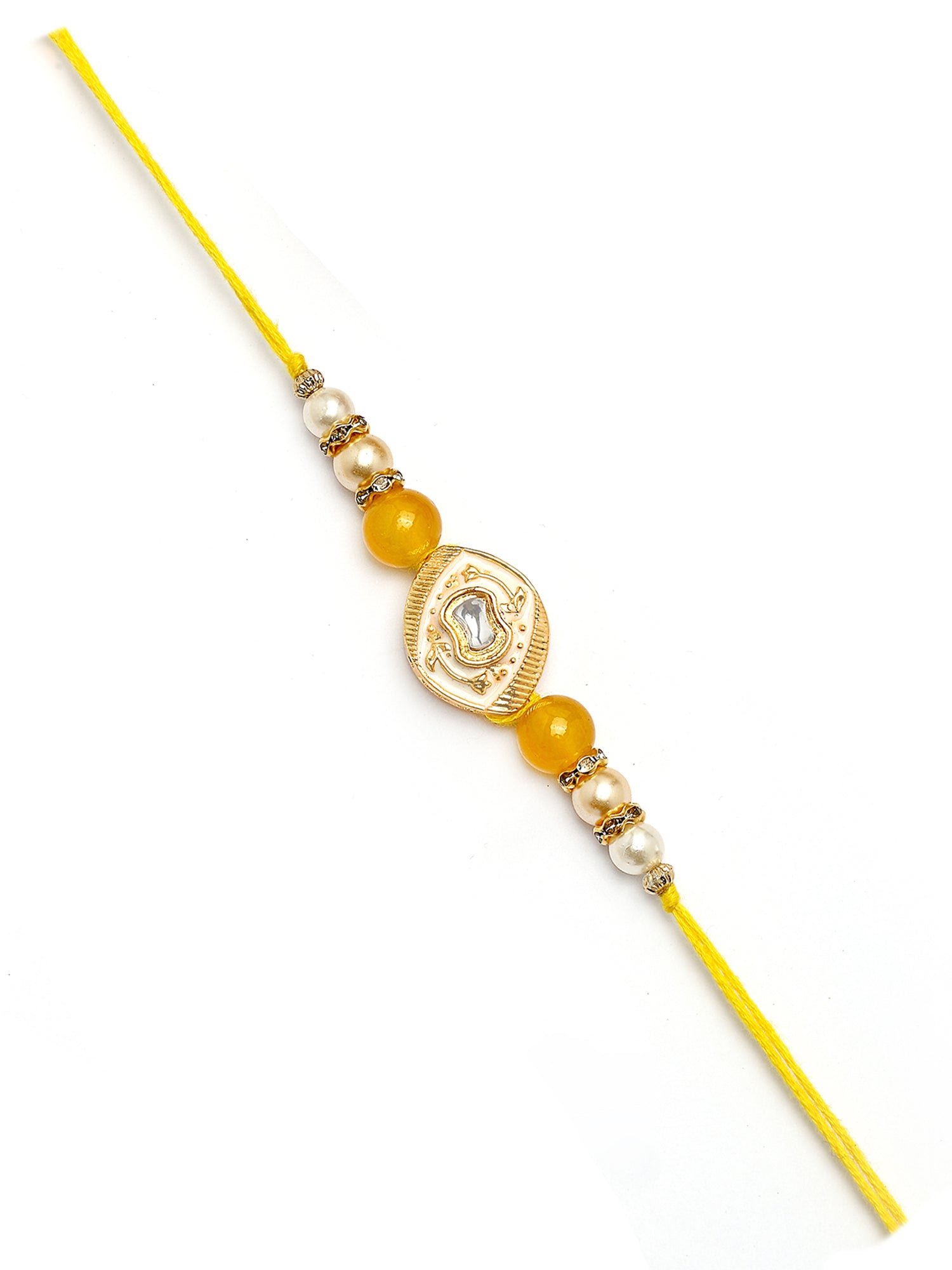 Karatcart Set of 2 White and Light Green Enamel Kundan Rakhi for Brother with Roli & Chawal
