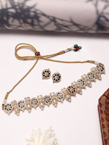 Karatcart Gold Plated Black Enamel Floral Choker Necklace Set for Women