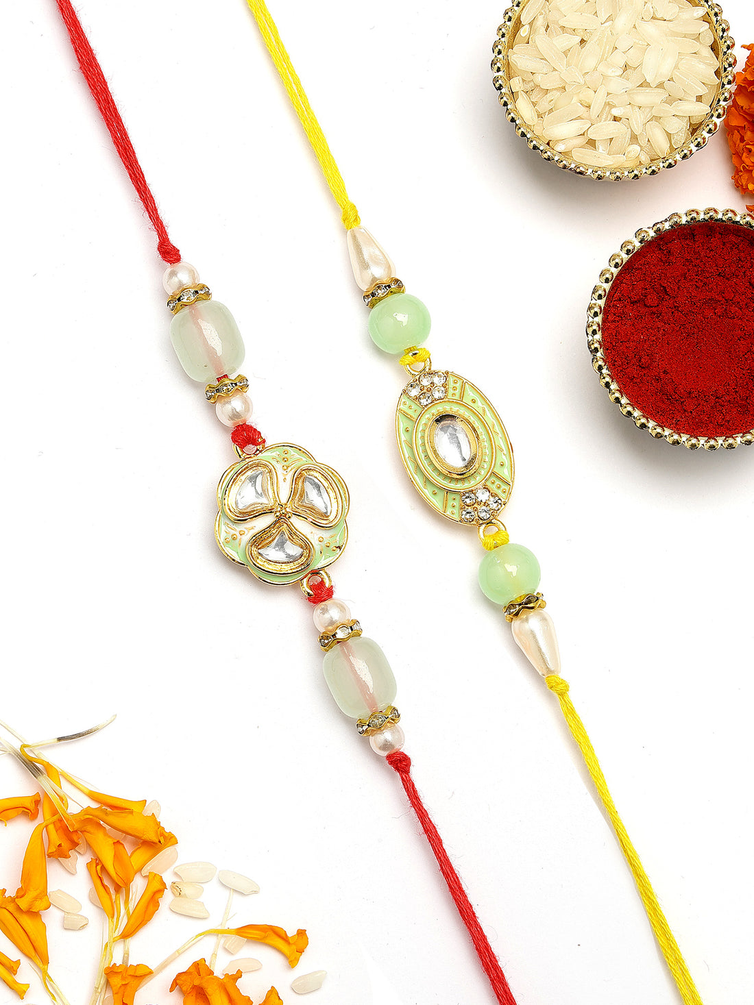 KARATCART Set of 2 Lime Green Meena Floral Handmade Kundan Rakhi for Brother with Roli & Chawal
