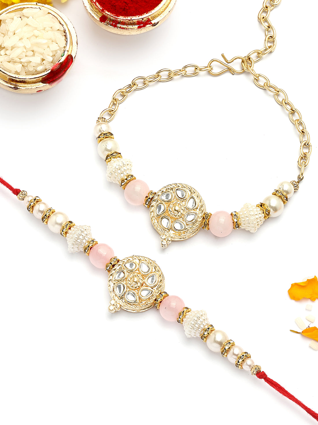 KARATCART Gold Plated Pink Beads Floral Kundan Bhaiya Bhabhi Rakhi with Roli & Chawal