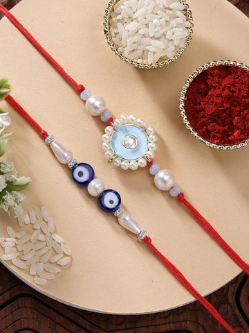 KARATCART Set of 2 Blue Evil Eye Handmade Kundan Rakhi for Brother with Roli and Chawal