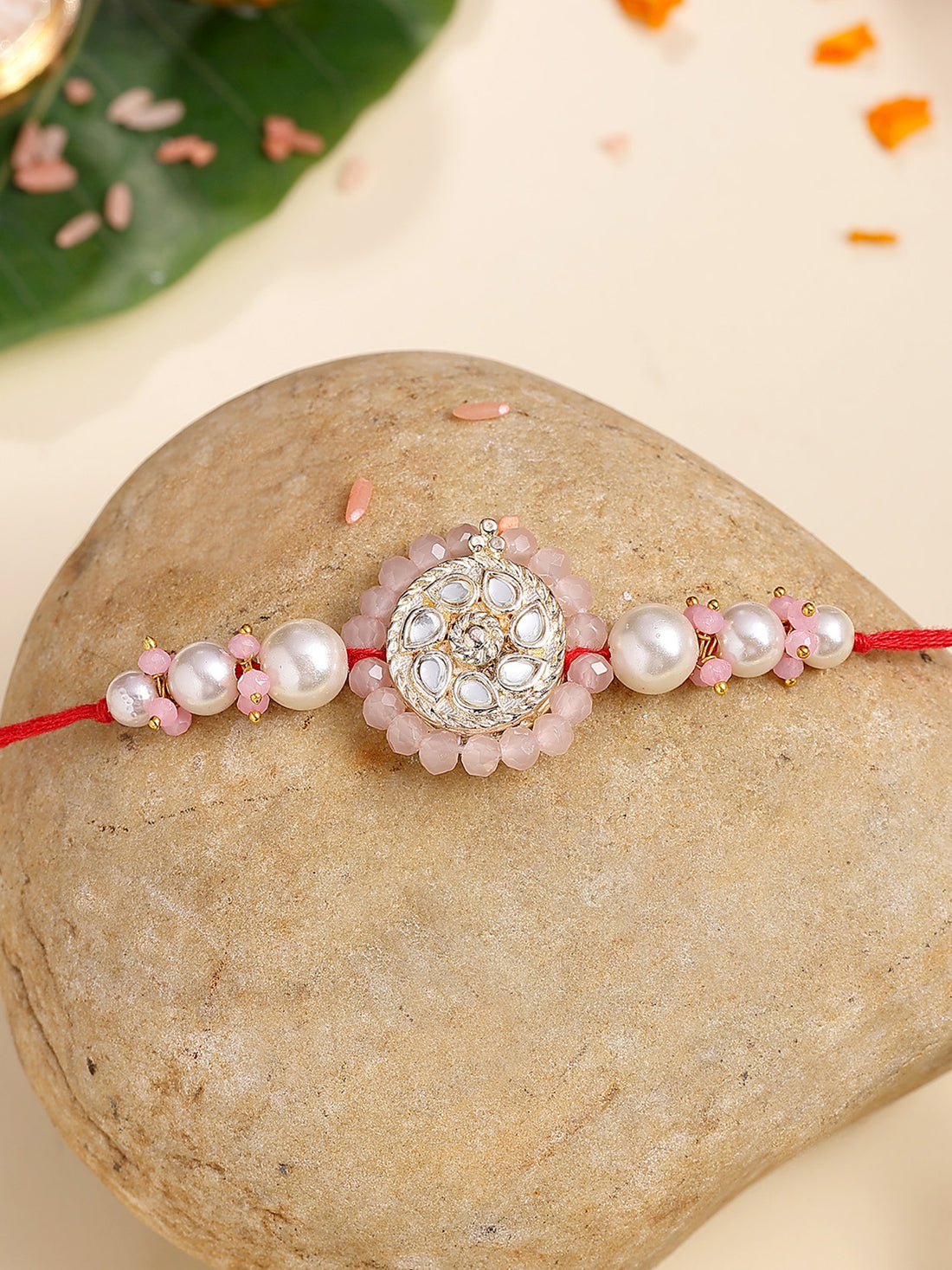 Karatcart Gold Plated Pink Crystal Floral Kundan Bhiya Rakhi with Roli & Chawal