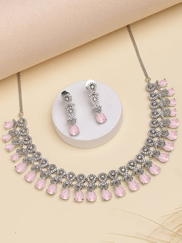 Karatcart Pink Classic American Diamond Necklace Set for Women