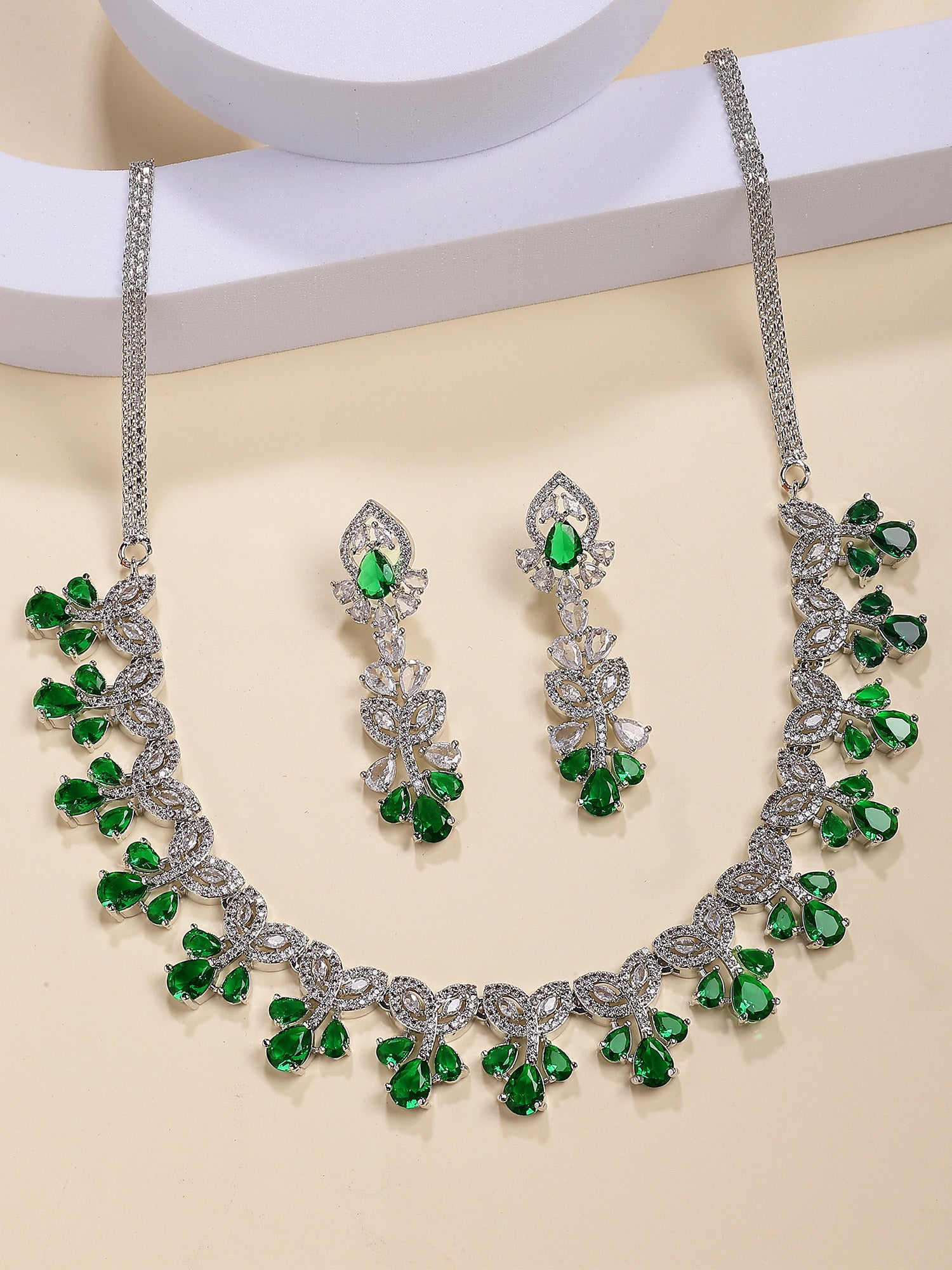 Karatcart Sparkling Green Floral American Diamond Silver Plated Necklace Set for Women - Image 1