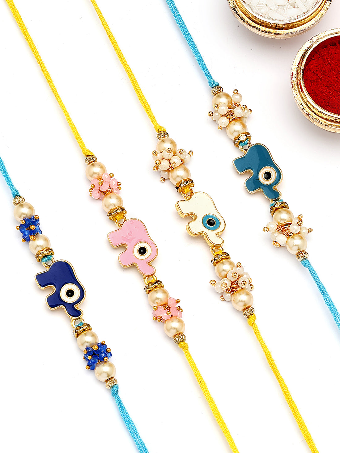 KARATCART Set of 4 Elephant Design Kundan Rakhi for Brother with Roli & Chawal