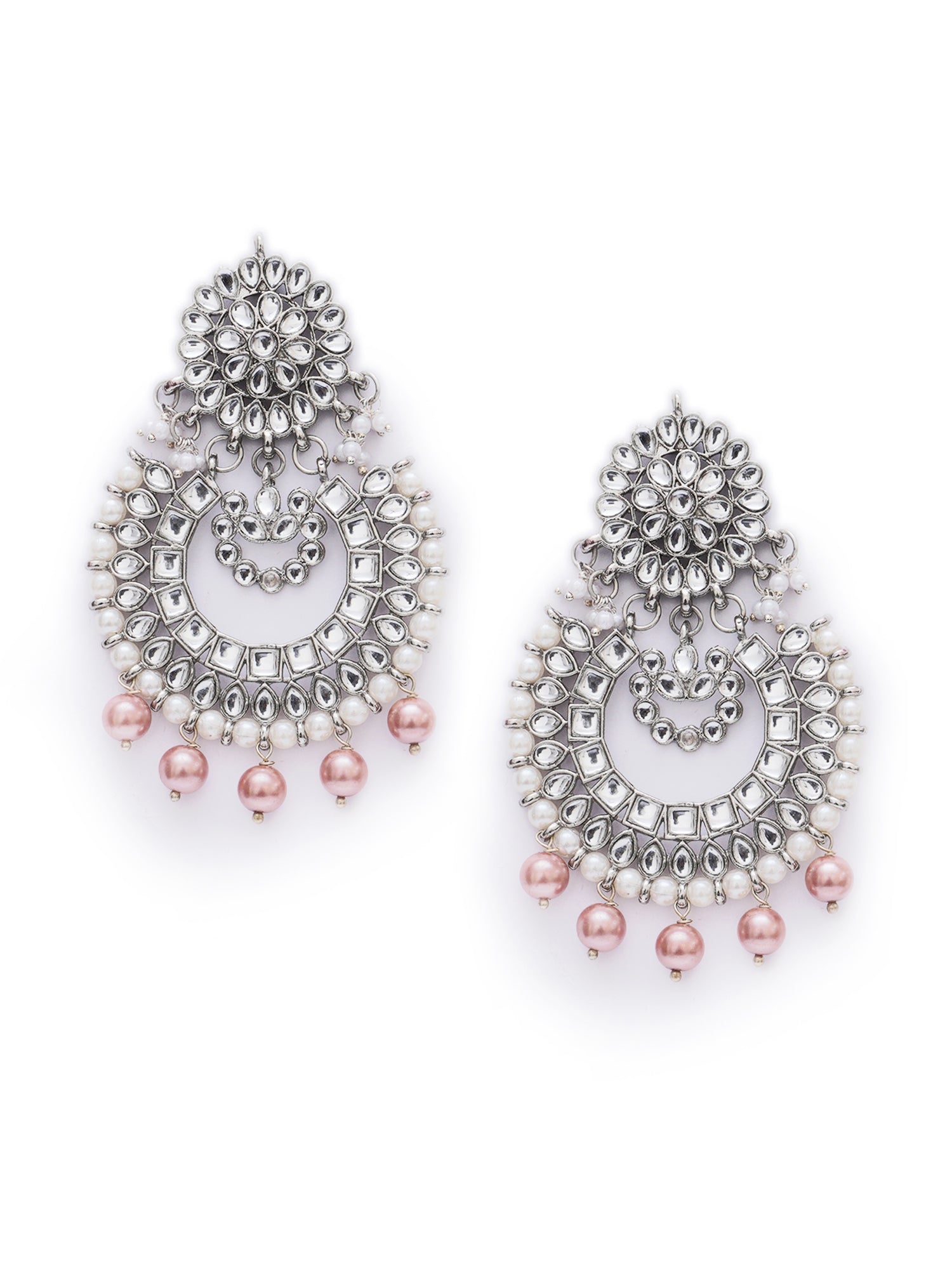 Karatcart Rose Gold Pearl Oxidised Drop Kundan Chandbali Earrings