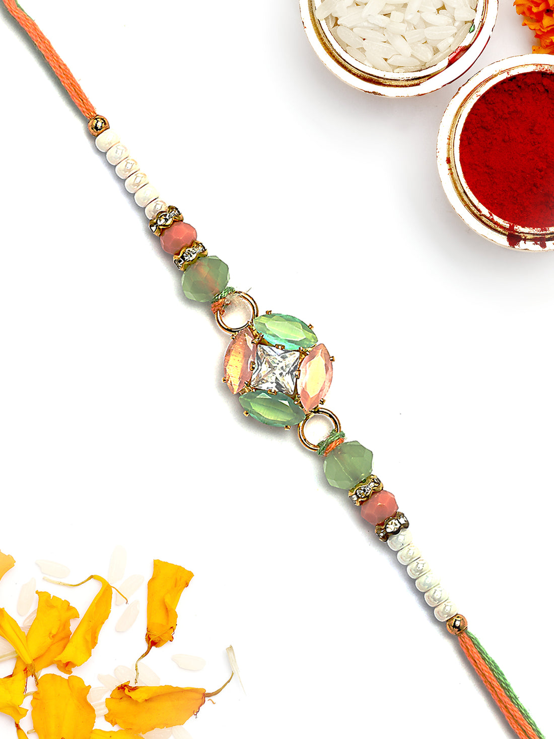 KARATCART Peach and Lime Green Rhinestones Bhaiya Rakhi with Roli & Chawal