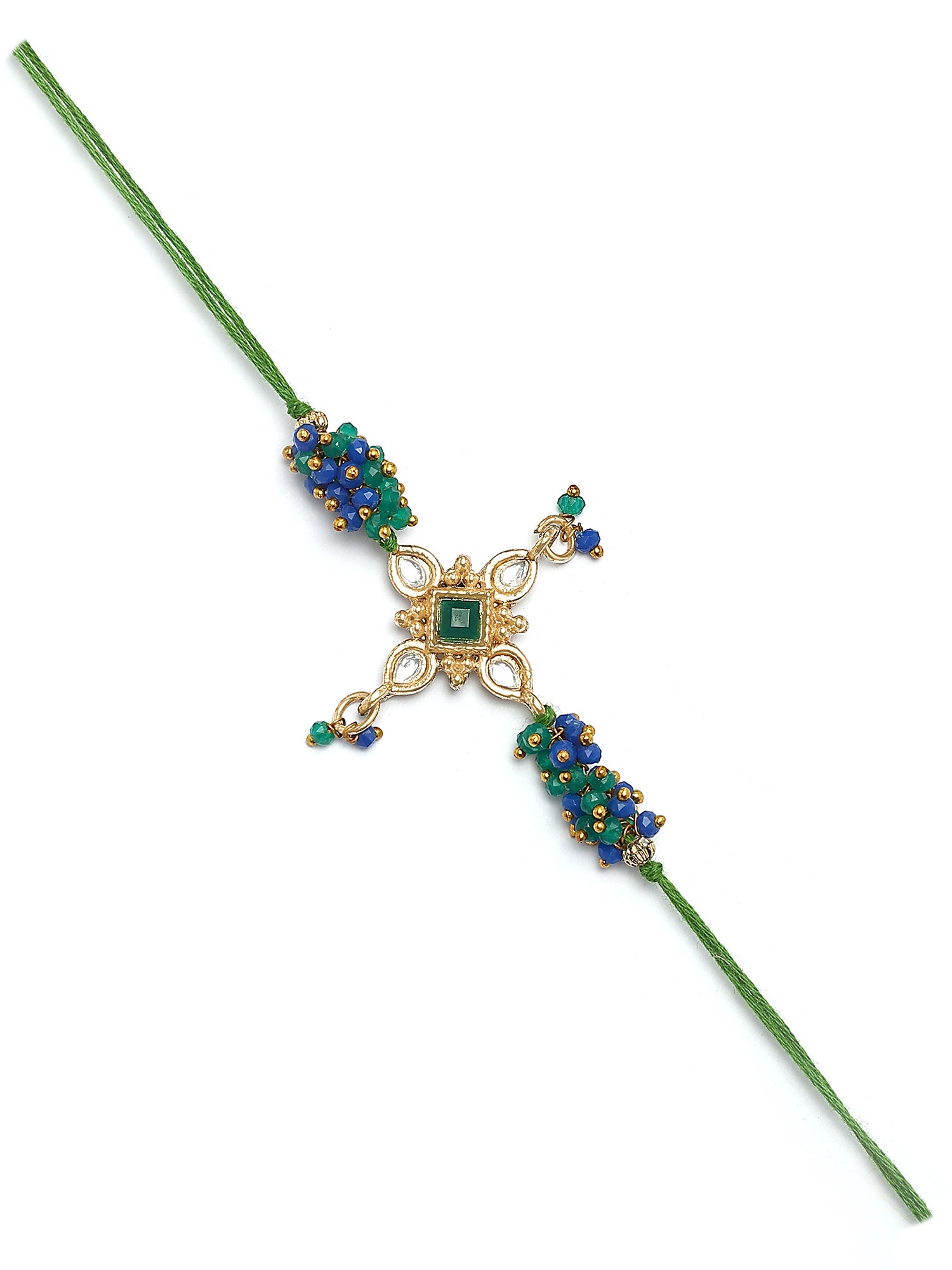Karatcart Gold Plated Green and Blue Crystal Floral Kundan Bhiya Rakhi with Roli & Chawal