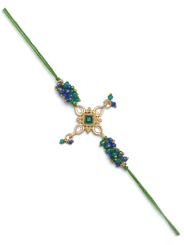 Karatcart Gold Plated Green and Blue Crystal Floral Kundan Bhiya Rakhi with Roli & Chawal