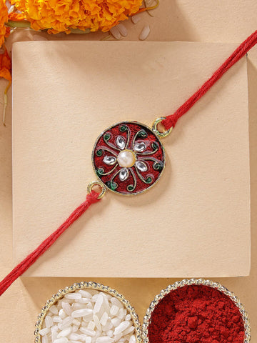 KARATCART Classic Red Meenakari Floral Design Handmade Rakhi for Brother with Roli Chawal