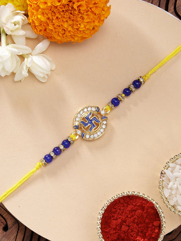 KARATCART Traditional Blue Meenakari Swastika Design Handmade Rakhi for Brother with Roli & Chawal