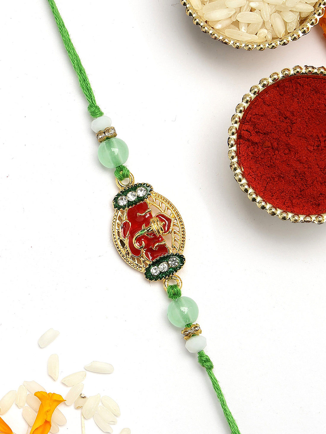 KARATCART Beautiful Lord Ganesha Design Meenakari Handmade Kundan Rakhi for Brother with Roli Chawal