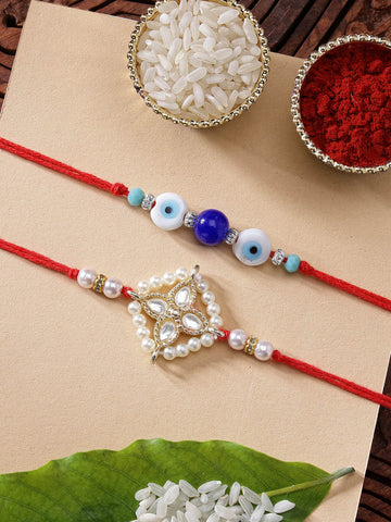 KARATCART Set of 2 Blue Bead Evil Eye Handmade Meenakari Kundan Rakhi for Brother with Roli & Chawal