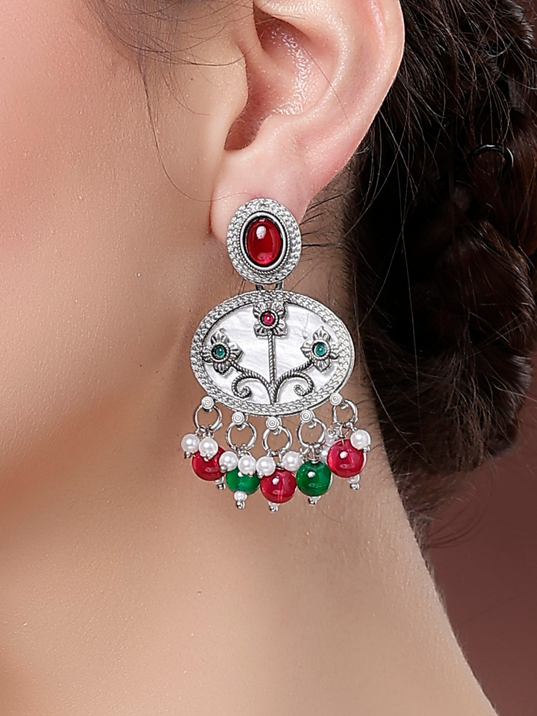 Karatcart Designer Oxidized Silver Red & Green Floral Embellishments Dangler Earrings for Women