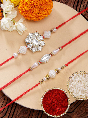 KARATCART Set of 3 Handmade Floral Pearl and Kundan Rakhis for Brother with Roli and Chawal