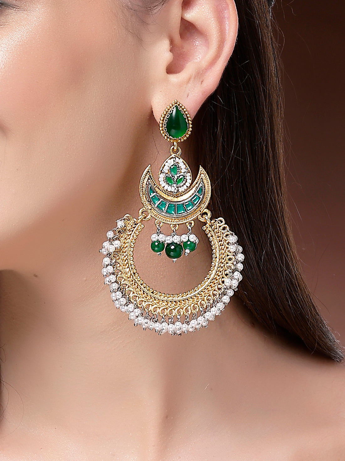 Karatcart Traditional Gold-Toned Chandbali Earrings with Green Stones and Pearl Tassels