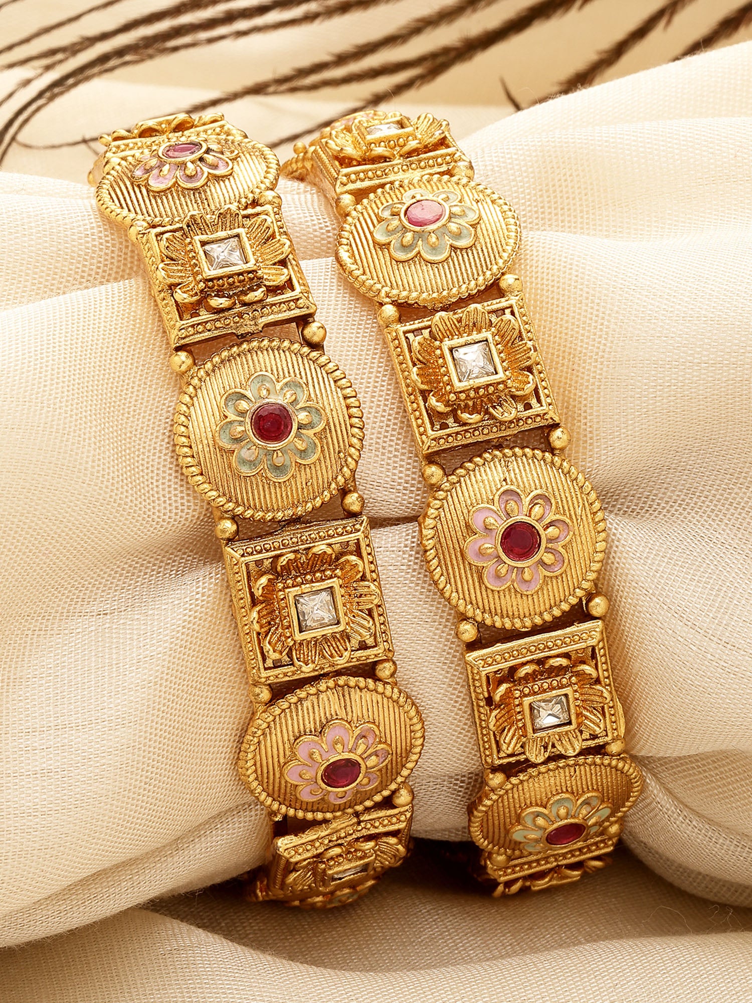Karatcart Set of 2 Gold Plated Floral Design Green and Pink Meena Bangles for Women