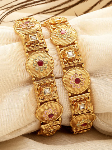 Karatcart Set of 2 Gold Plated Floral Design Green and Pink Meena Bangles for Women