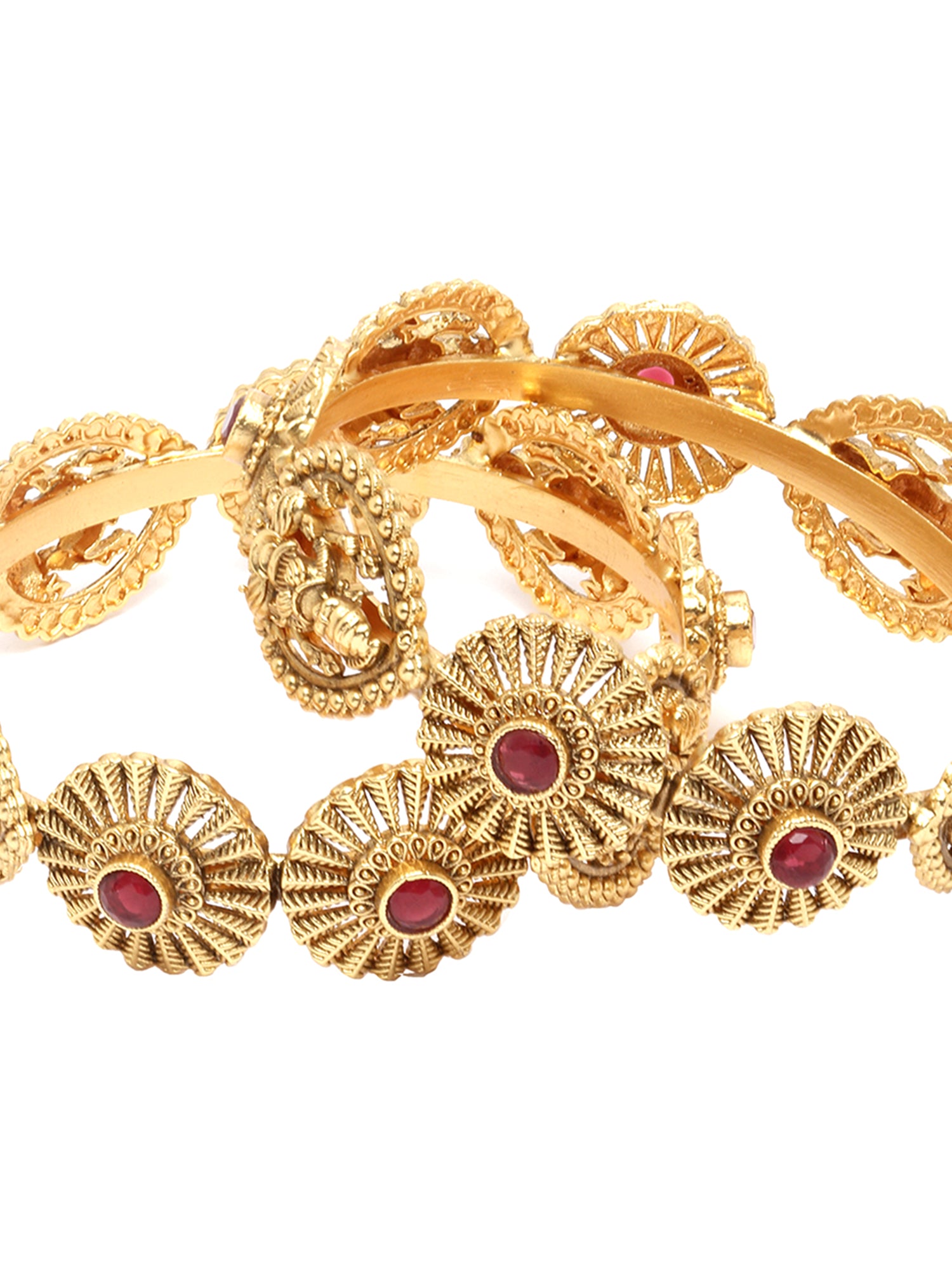 Karatcart Set of 2 Gold Plated Laxmi Mata Design Red Stone Bangles for Women - view 5