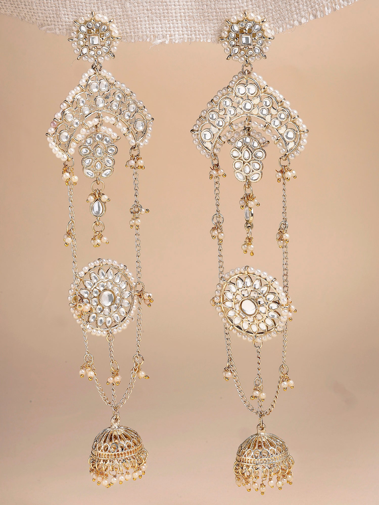 Karatcart Traditional Gold-Plated Kashmiri Kundan Long Drop Earrings with Jhumki Design for Women