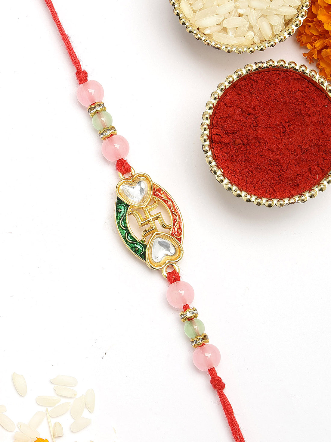 KARATCART Traditional Swastika and Heart Design Handmade Rakhi for Brother with Roli & Chawal