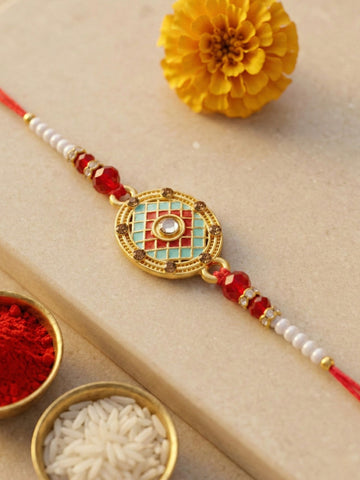 KARATCART Gold Plated Evil Eye Meenakari Bhaiya Rakhi with Roli & Chawal