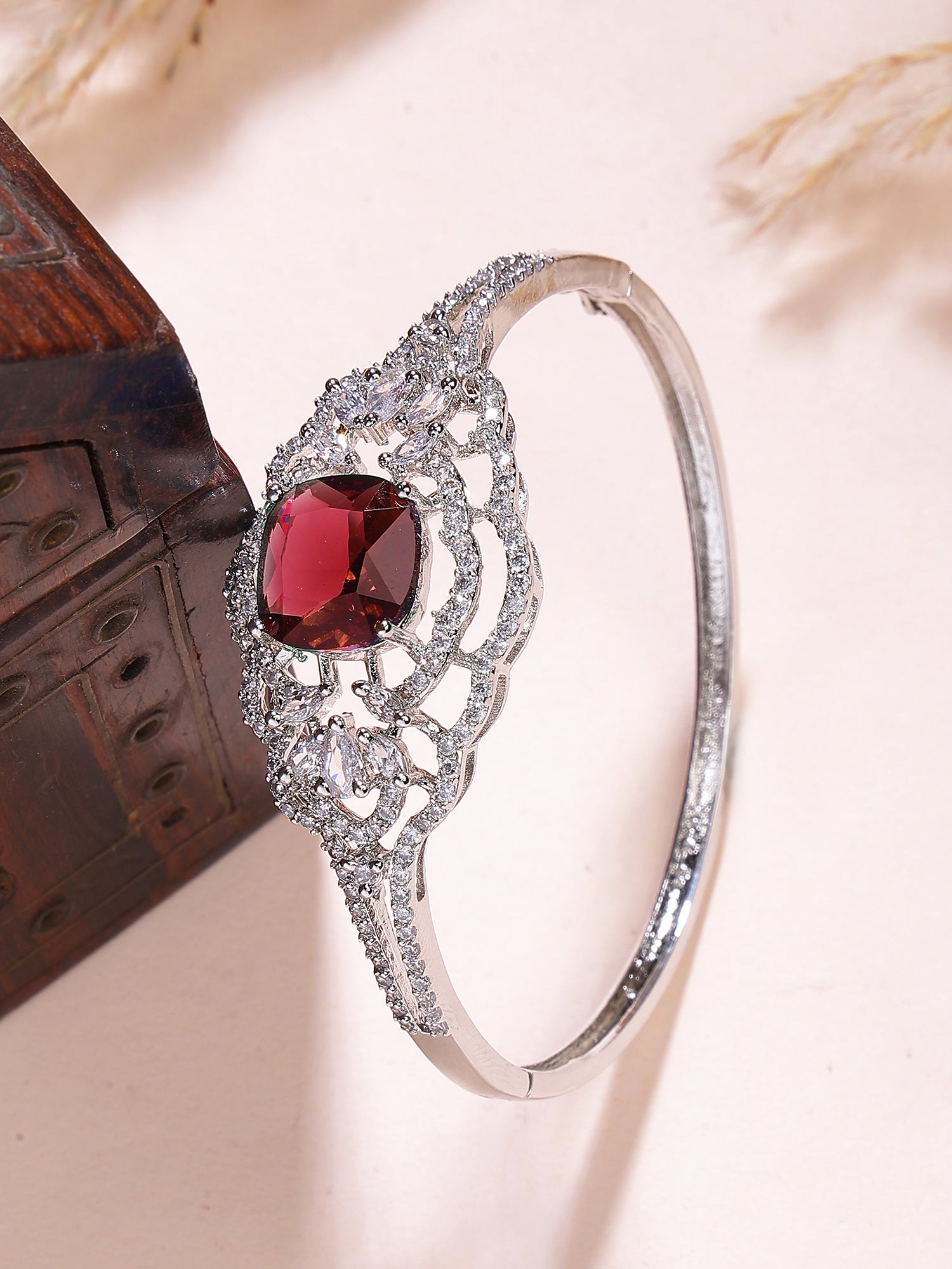 Karatcart Elegant Silver Plated Red American Diamond Designer Bracelet for Women