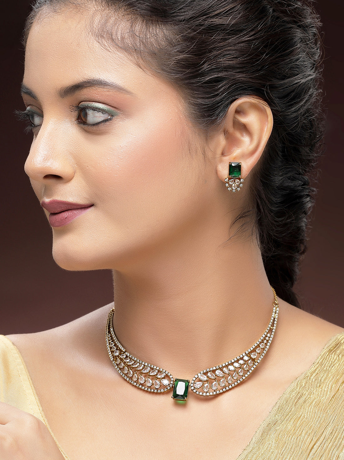 KARATCART Elegant Gold-Plated Green American Diamond Jewellery Set for Women
