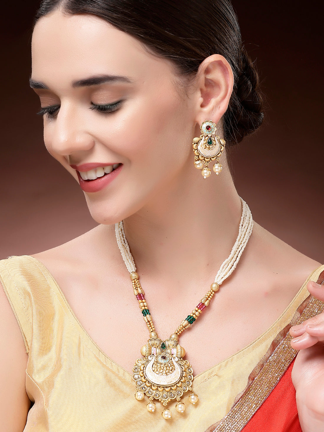 Karatcart Ethnic Gold Plated Meenakari Work Rani Haar Necklace Set for Women