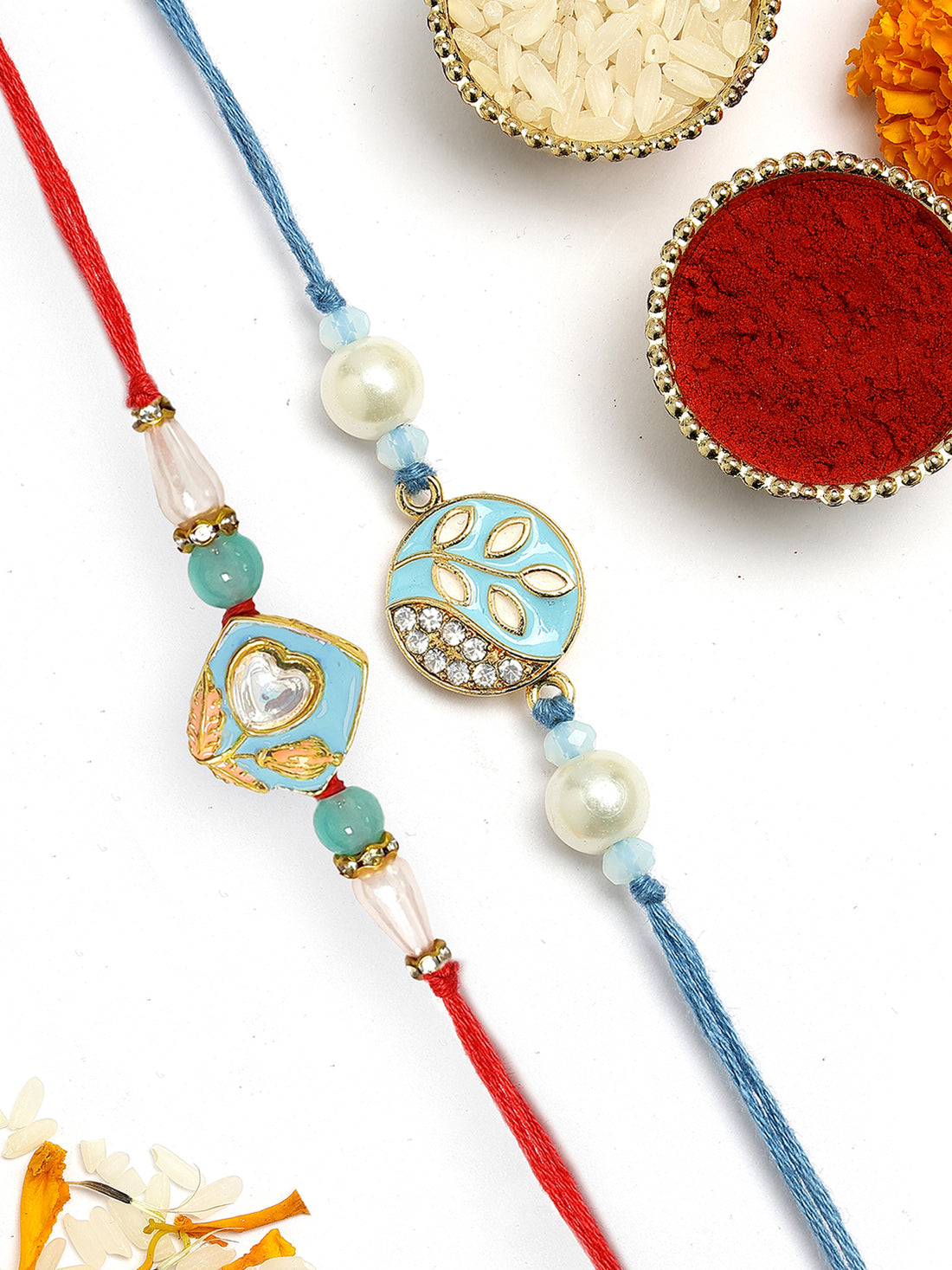 KARATCART Set of 2 Blue Meena Floral Handmade Kundan Rakhi for Brother with Roli & Chawal