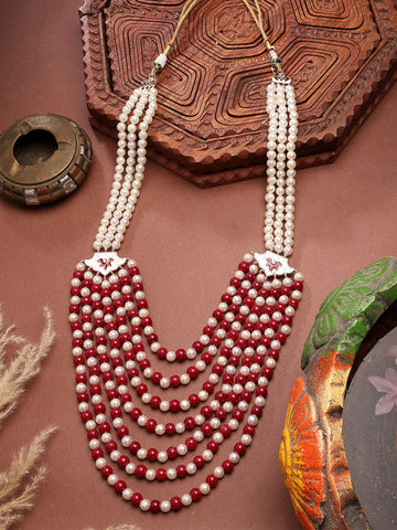 Karatcart Red and White Pearl Enamel Maharaja Haar for Men