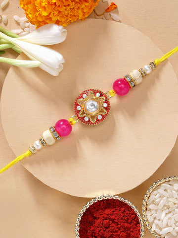 KARATCART Beautiful Floral Design Pink Meena Handmade Kundan Rakhi for Brother with Roli & Chawal