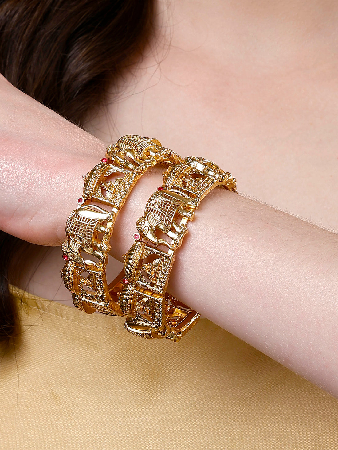 Karatcart Set of 2 Gold Plated Bride Doli and Elephant Design Bangles for Women