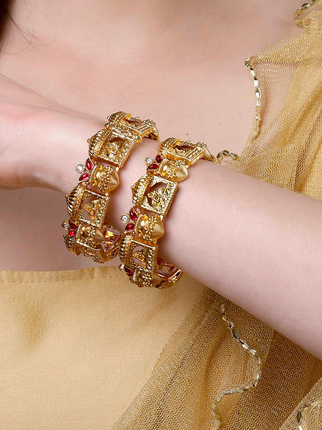 Karatcart Set of 2 Gold Plated Bride Doli and Kalash Design Bangles for Women
