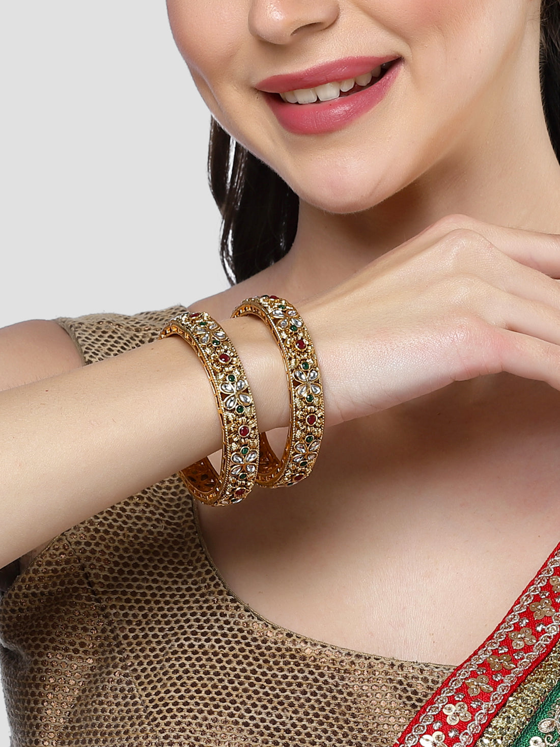 Karatcart Antique Gold Plated Floral Design Red Stone Studded Bangles for Women