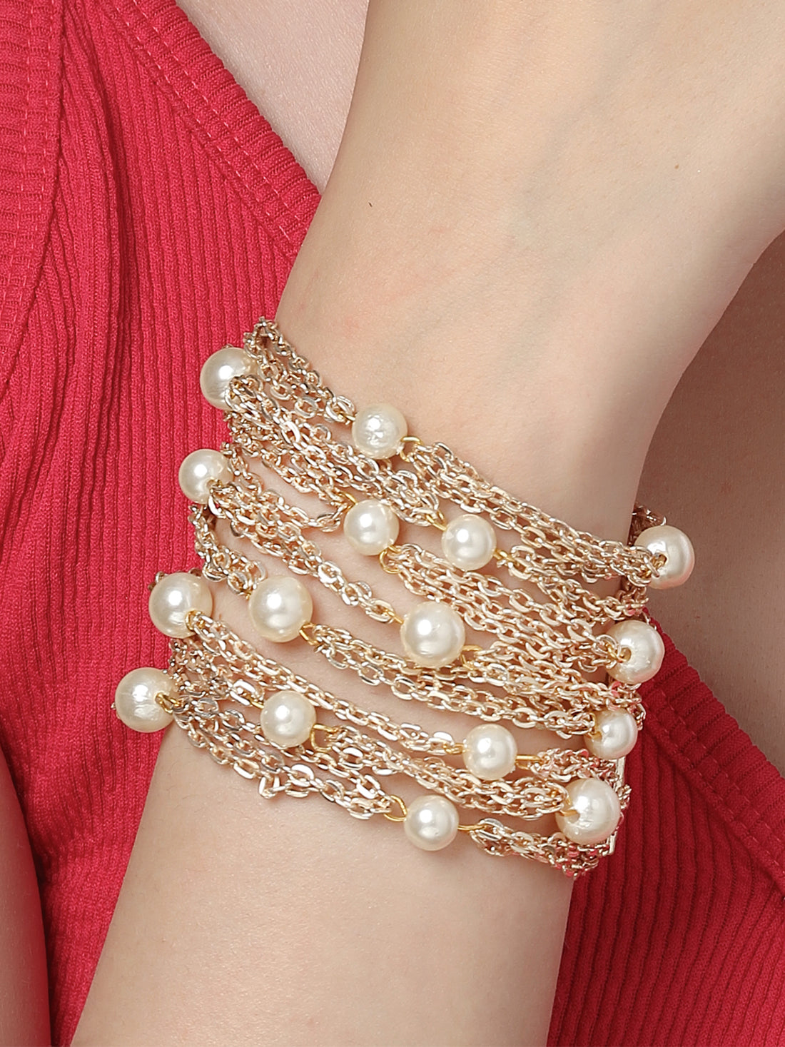 Karatcart Gold Plated Kundan Multi-Layered Pearl Bracelet With Adjustable Chain Design for Women