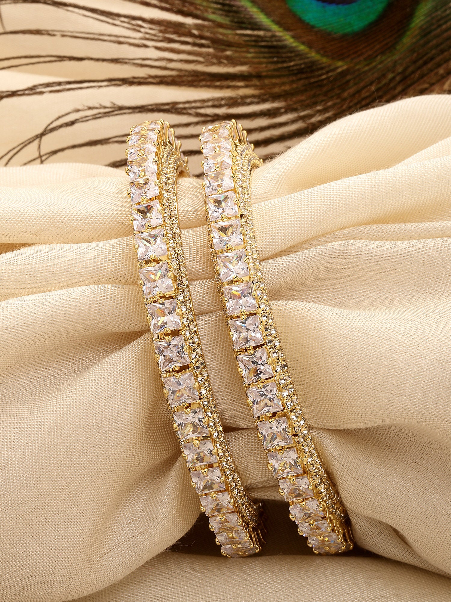 Karatcart Set of 2 Gold Plated Square American Diamond Studded Bangles for Women