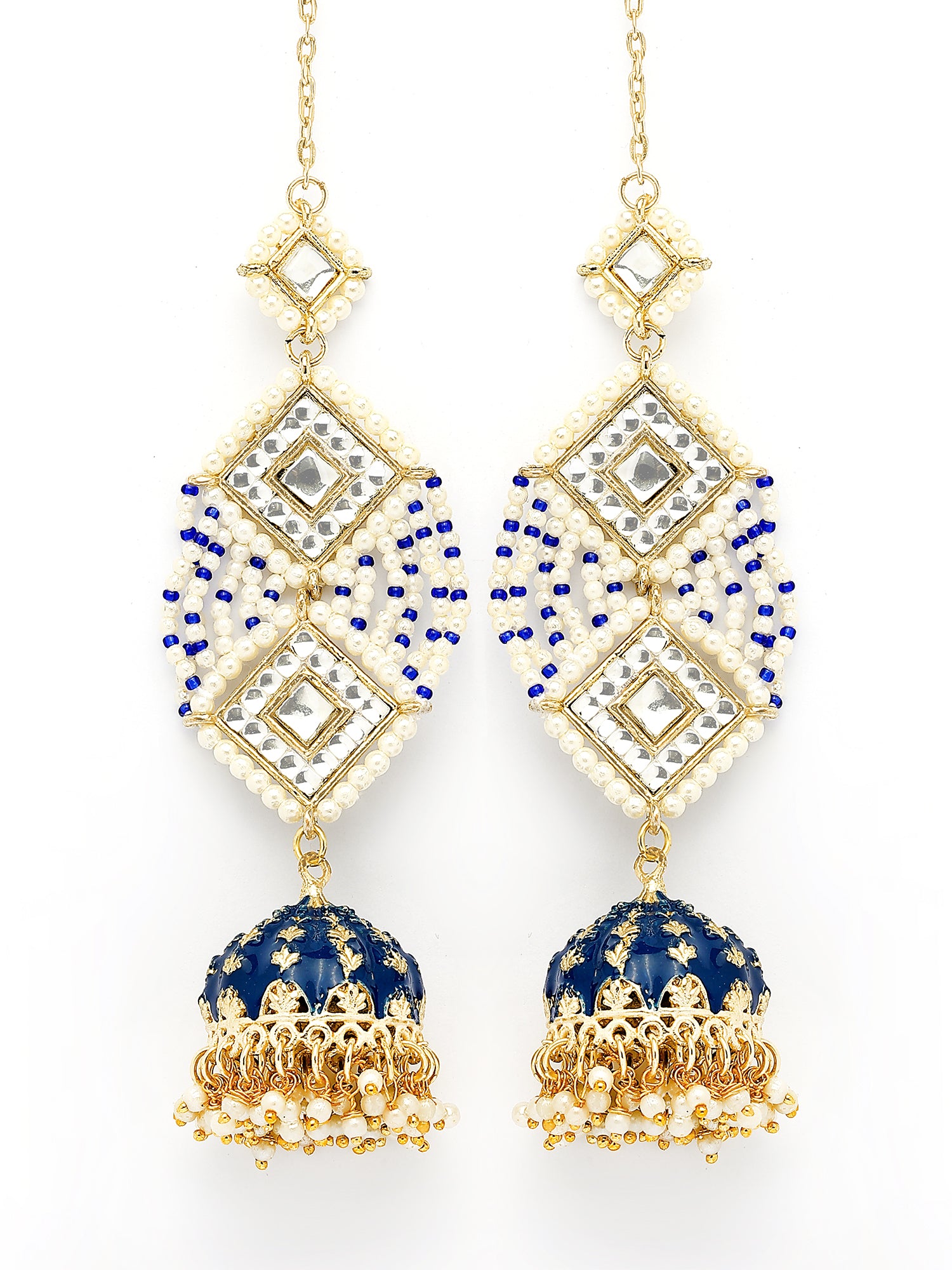 KARATCART Designer Gold-Plated Blue Meena and Kundan Jhumki Earrings for Women - view 3