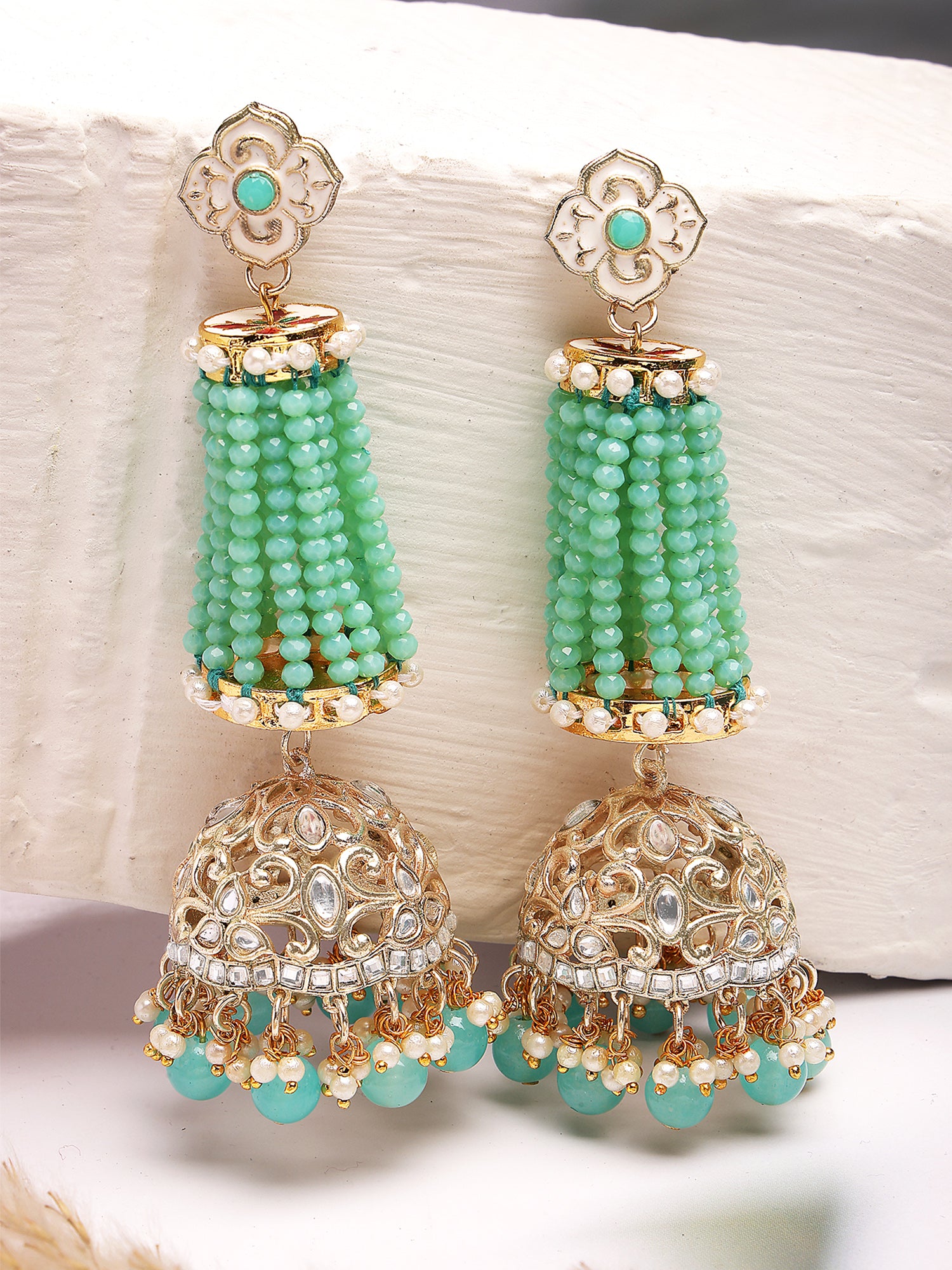 Karatcart Gold Plated Light Green Crystal Jhumki Earrings for Women