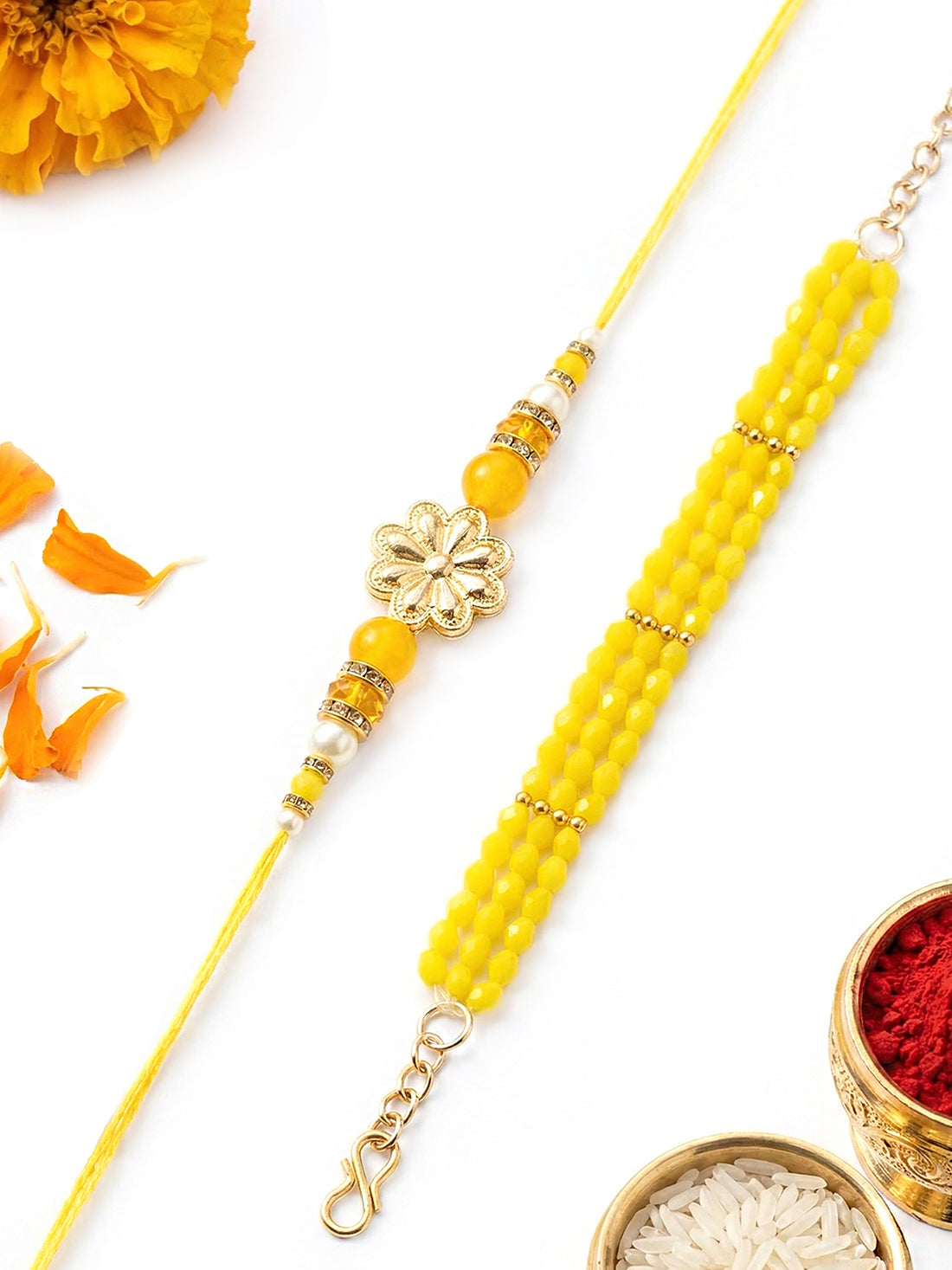 KARATCART Gold Plated Yellow Crystal Floral Bhaiya Bhabhi Rakhi with Roli & Chawal