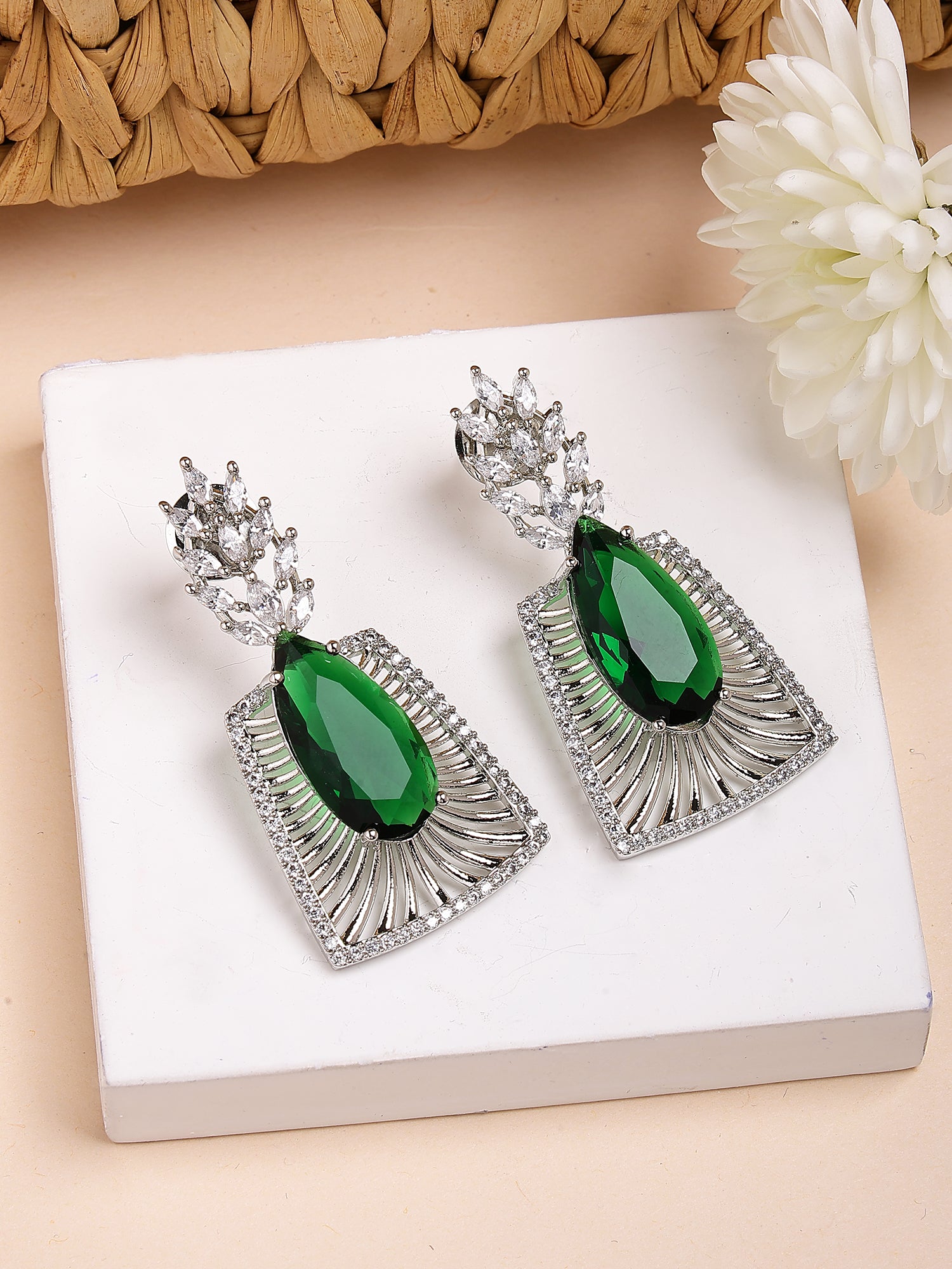 Karatcart Designer Silver-Toned Green Teardrop American Diamond Drop Earrings for Women