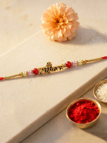 KARATCART Gold Plated Mahakaal Letter Designer Bhaiya Rakhi with Roli & Chawal