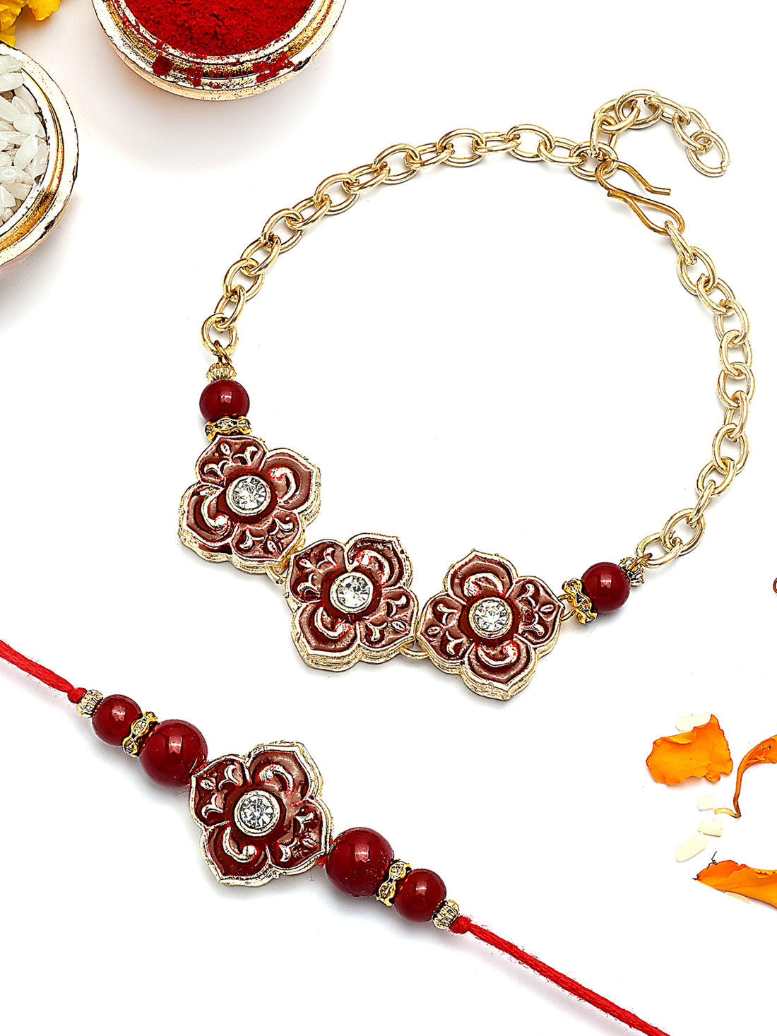 KARATCART Gold Plated Red Meena Floral Kundan Bhaiya Bhabhi Rakhi with Roli & Chawal