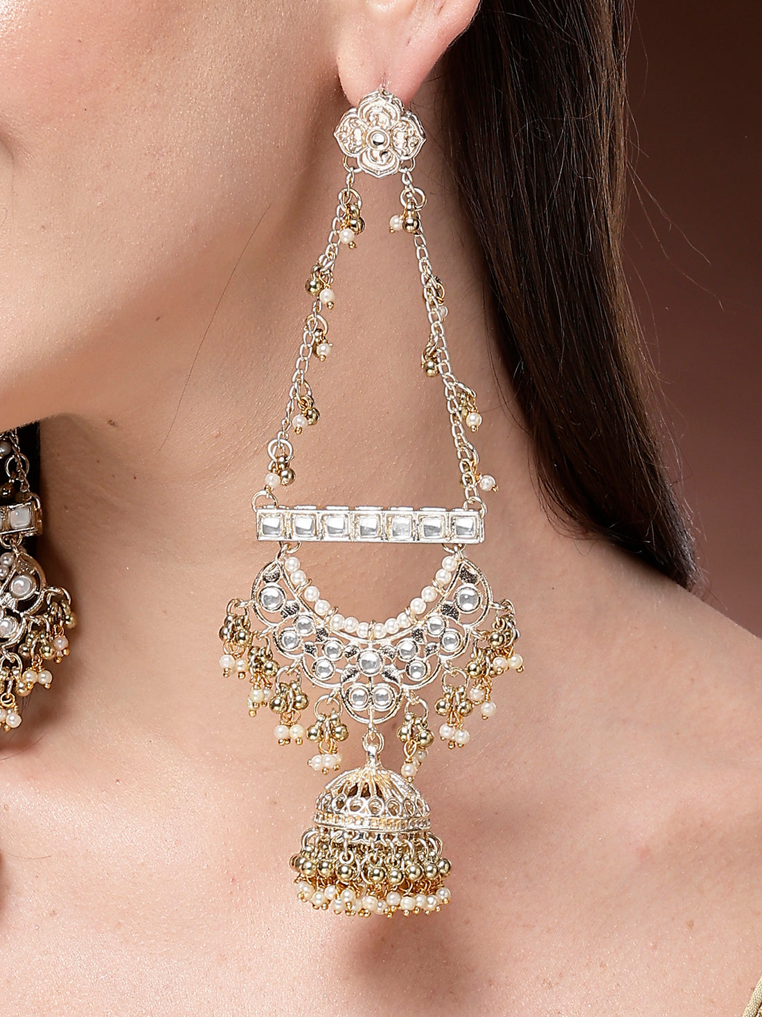 Karatcart Elegant Gold-Plated Kundan Kashmiri Style Long Dangler Jhumka Earrings for Women