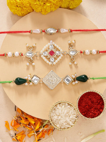 KARATCART Set of 3 Handmade Floral Design Pearl Kundan Rakhis for Brother with Roli & Chawal