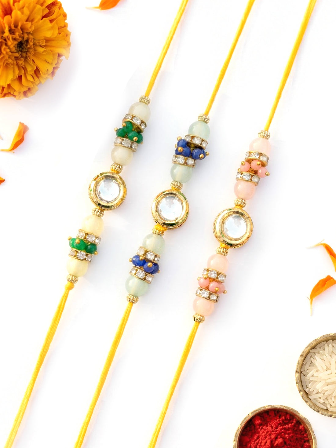 KARATCART Set of 3 Multicolor Beaded Polki Kundan Rakhi for Brother with Roli & Chawal