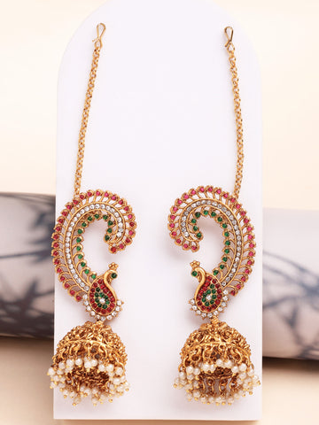 Karatcart Royal Spiral Peacock Gold-Plated Jhumka Earrings with Ear Chains