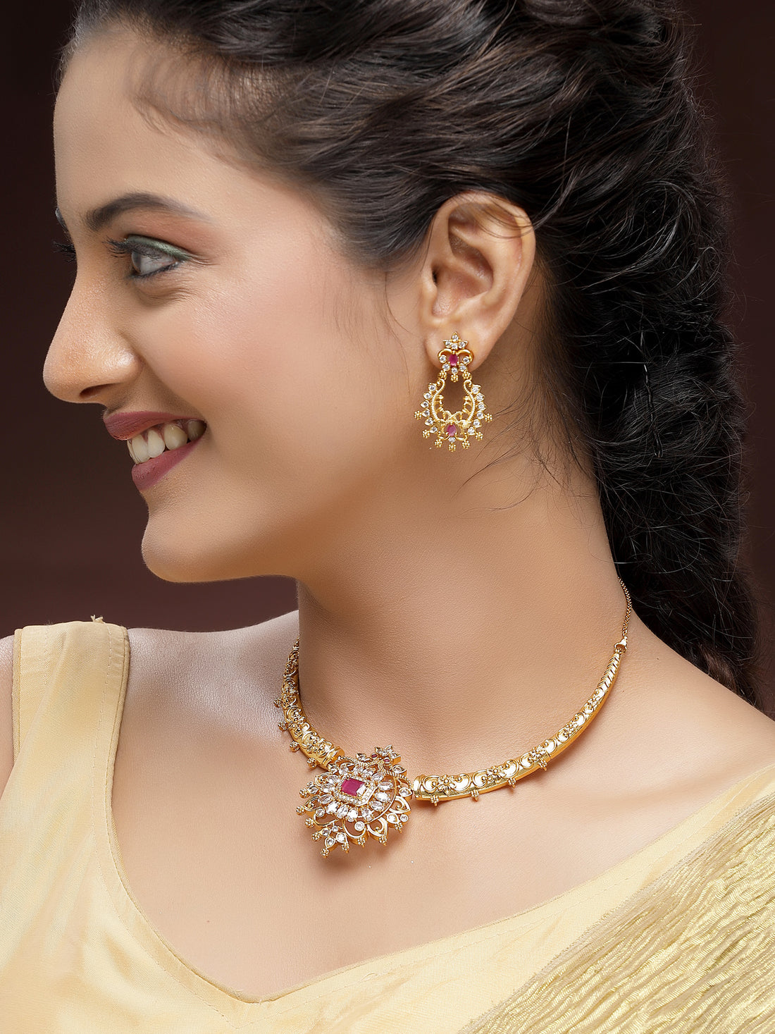 KARATCART Traditional Gold-Plated Red and Green Stones Temple Jewellery Set for Women