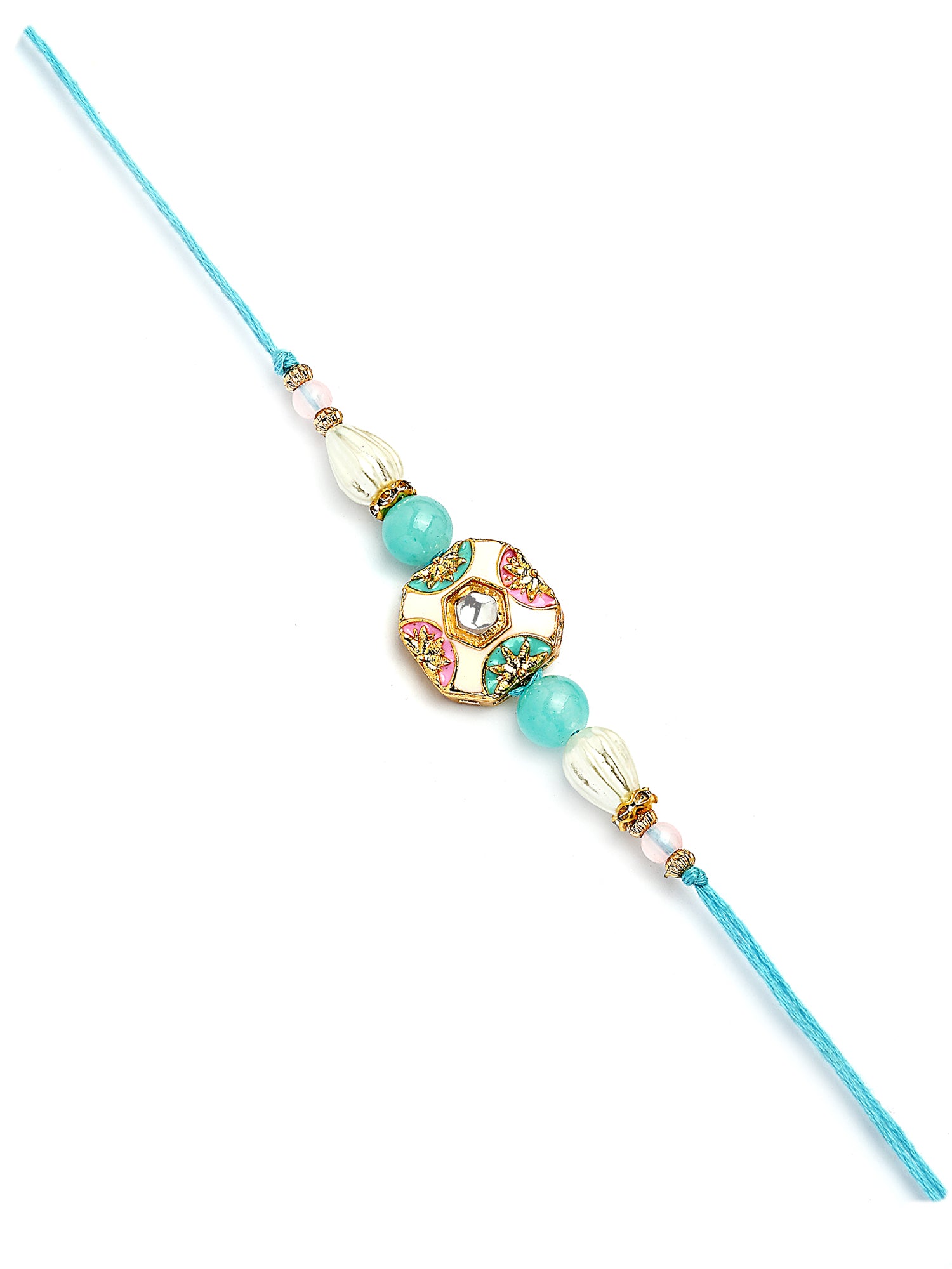 Karatcart Gold Plated Blue Beads Enamel Floral Kundan Bhiya Bhabhi Rakhi with Roli & Chawal